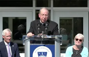 Archbishop William Lori of Baltimore speaks at the grand opening and blessing ceremony of Mother Mary Lange Catholic School in Baltimore, Md., Aug 6, 2021. 